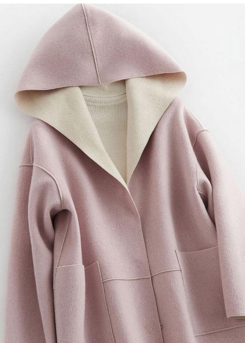 Luxe Oversized Winterjas Met Capuchon Wollen Uitloper Roze Jas Met Zakken - Dames trenchcoats