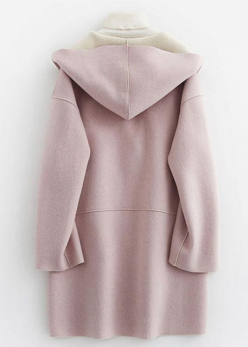 Luxe Oversized Winterjas Met Capuchon Wollen Uitloper Roze Jas Met Zakken - Dames trenchcoats