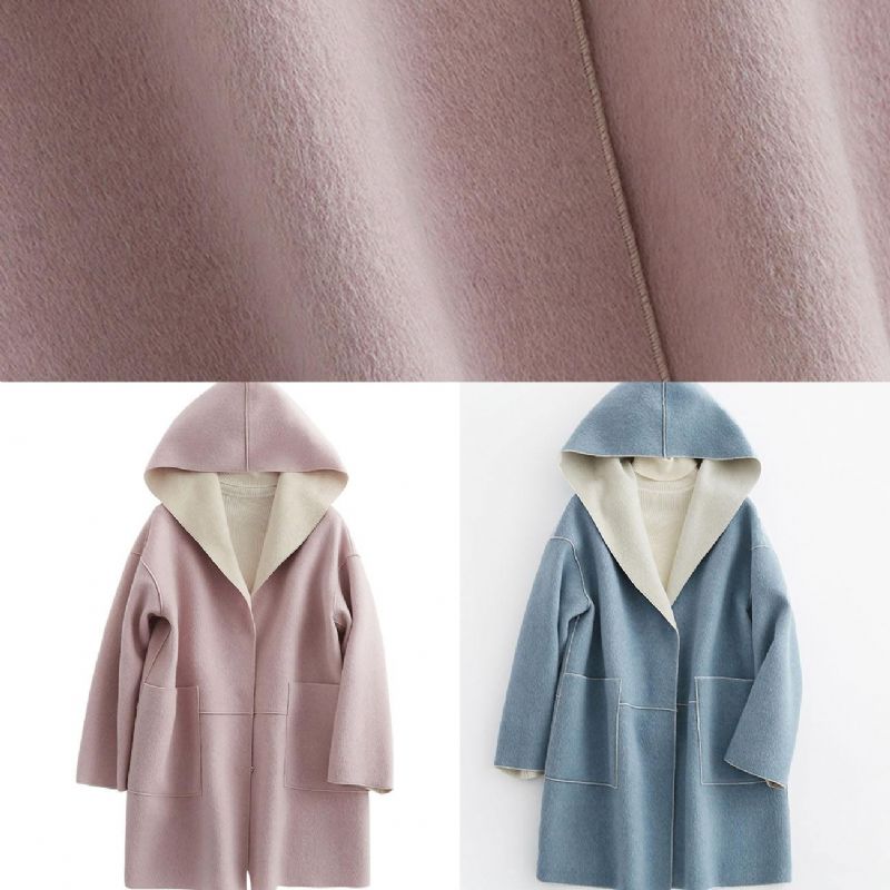 Luxe Oversized Winterjas Met Capuchon Wollen Uitloper Roze Jas Met Zakken - Dames trenchcoats