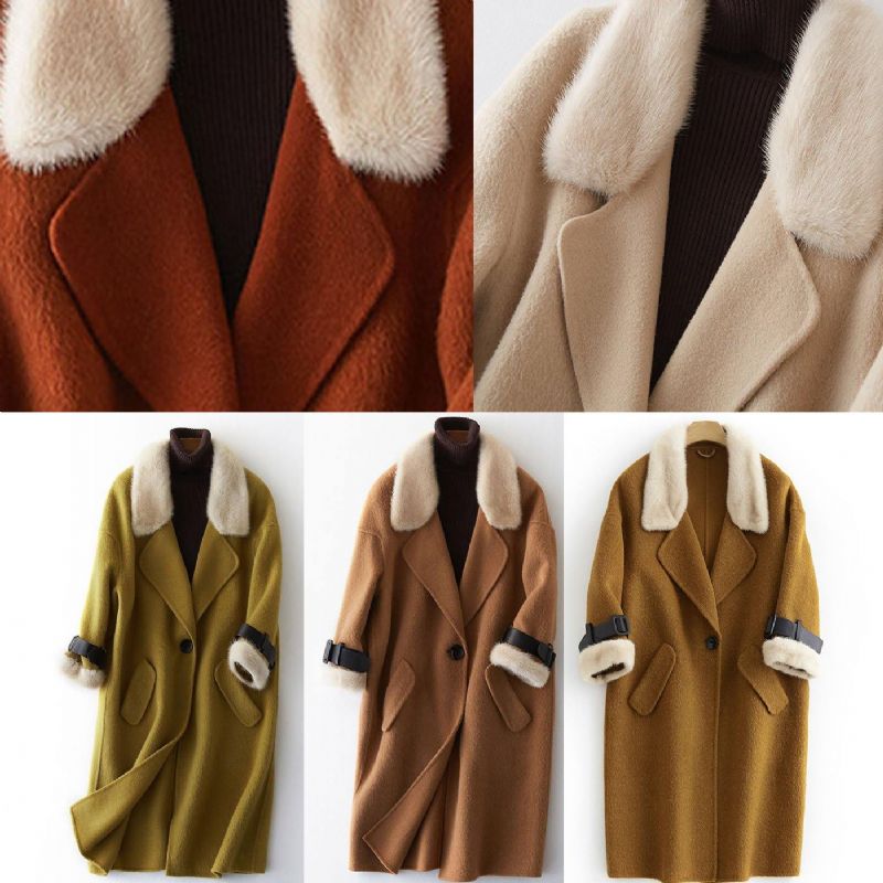 Luxe Plus Size Kleding Winterjassen Bontkraag Uitloper Kaki Grote Zakken Wollen Jassen - Dames trenchcoats