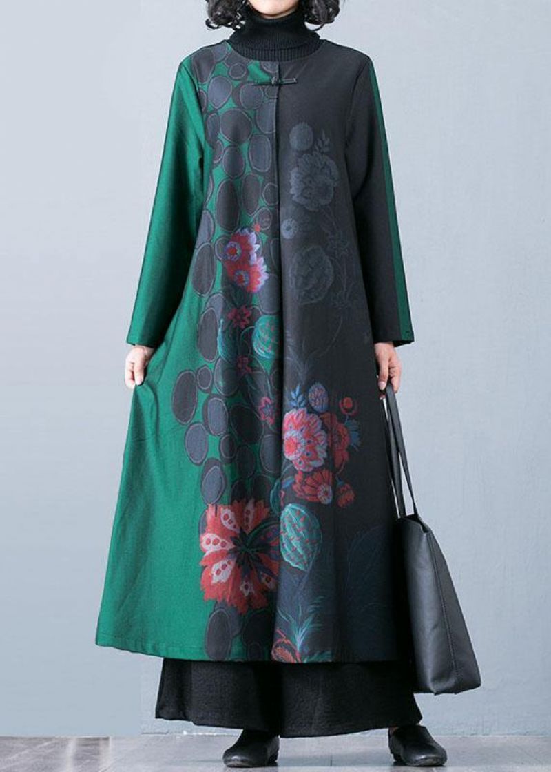 Luxe Plus Size Maxi-jas Herfst Trenchcoats Groene Prints O-hals Overjas