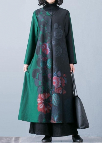 Luxe Plus Size Maxi-jas Herfst Trenchcoats Groene Prints O-hals Overjas