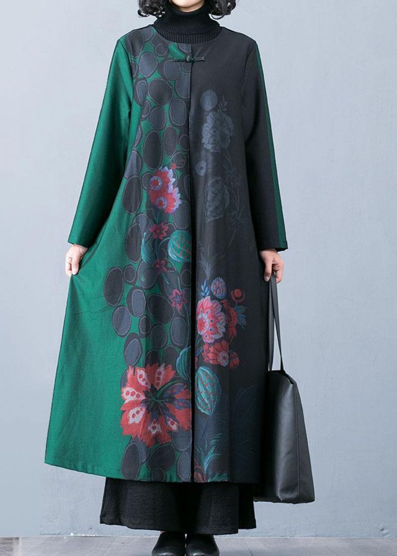 Luxe Plus Size Maxi-jas Herfst Trenchcoats Groene Prints O-hals Overjas - Chocolade