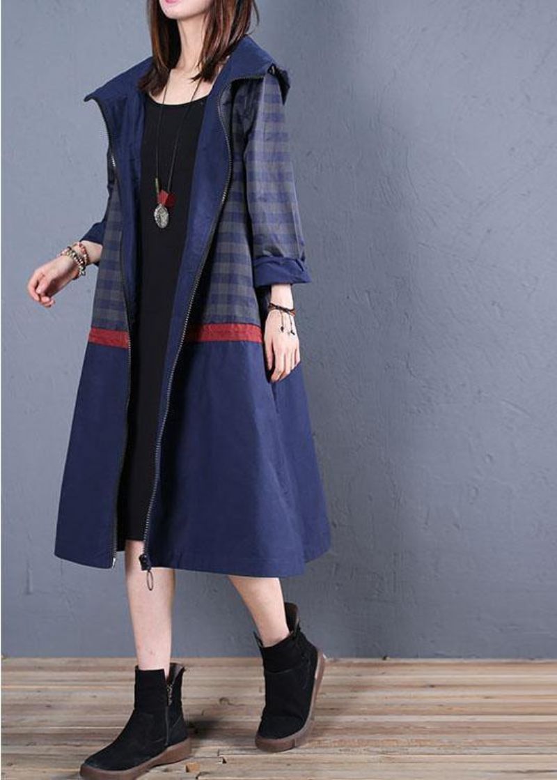 Luxe Trendy Plus Size Maxi Jas Herfstblauwe Patchwork Jas Met Capuchon - Dames trenchcoats