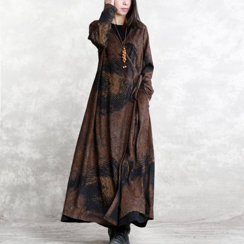 Luxe Winterjas Met Chocoladeprint Plus Maat V-hals Asymmetrisch Ontwerp Jassen Dames Met Lange Mouwen Twee Manieren Om Te Dragen - Dames trenchcoats