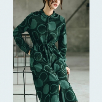 Luxe Zwartgroene Maxi-jas Met Stippen Casual Jacquard Peter Pan-kraag Fijne Wijde Jurken