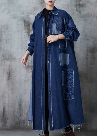 Marineblauw Patchwork Appliqué Denim Trenchcoat Oversized Lente