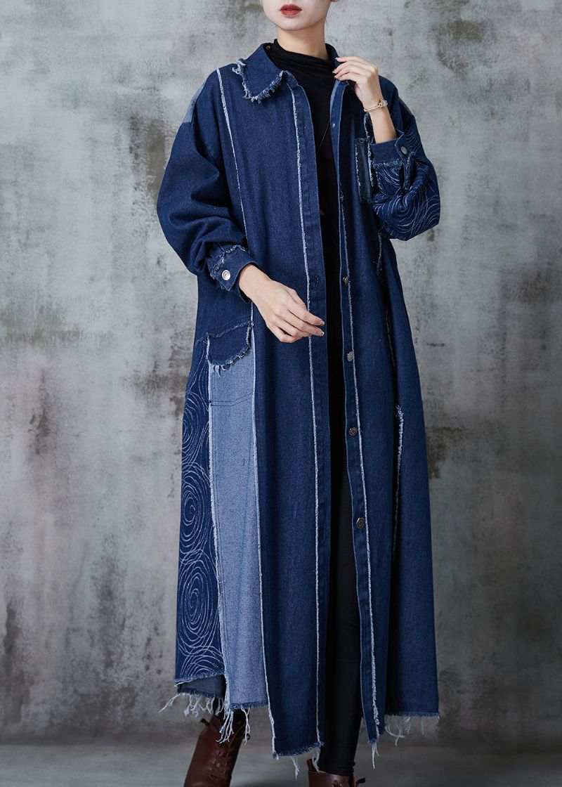 Marineblauw Patchwork Appliqué Denim Trenchcoat Oversized Lente - Dames trenchcoats