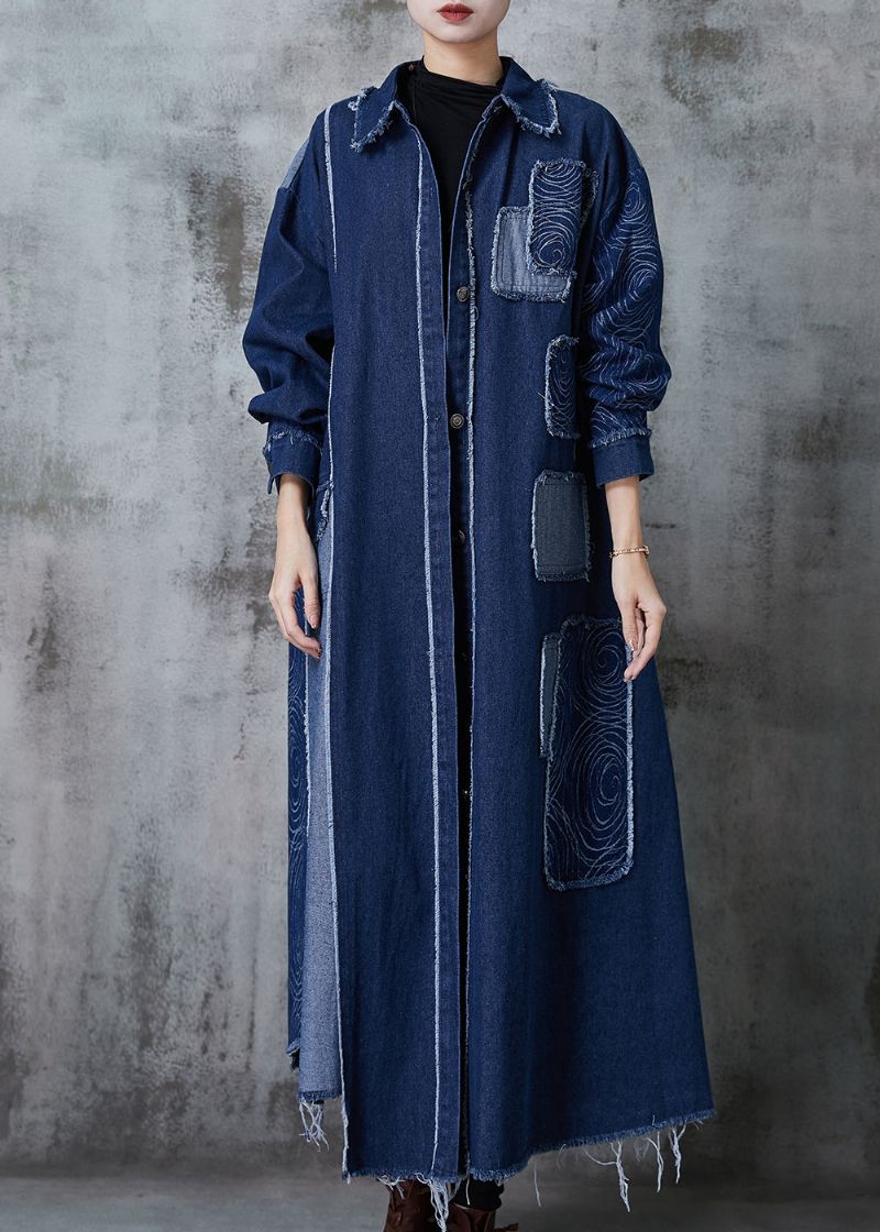 Marineblauw Patchwork Appliqué Denim Trenchcoat Oversized Lente - Dames trenchcoats