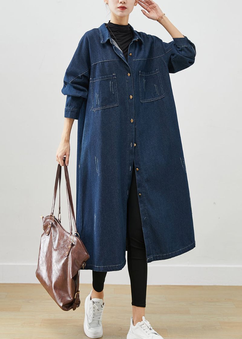 Marineblauwe Denim Trenchcoats Oversized Zakken Herfst