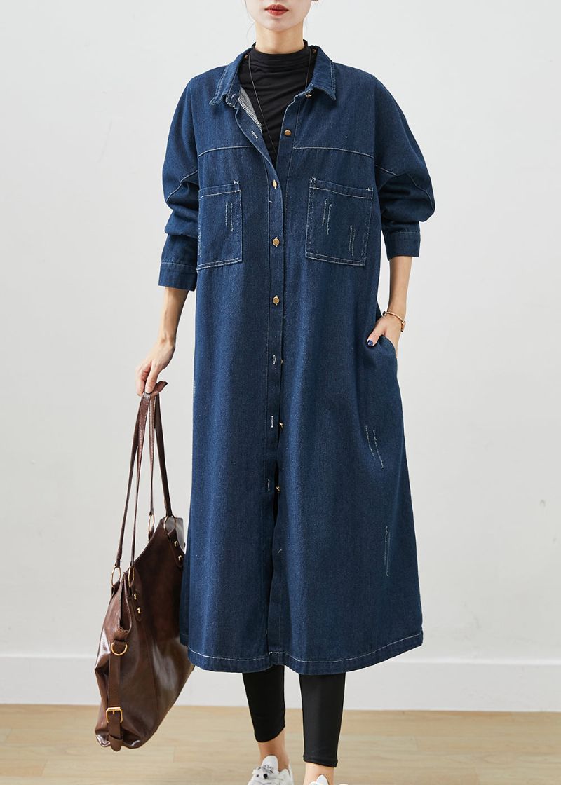 Marineblauwe Denim Trenchcoats Oversized Zakken Herfst - Dames trenchcoats