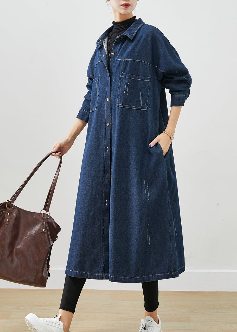 Marineblauwe Denim Trenchcoats Oversized Zakken Herfst - Dames trenchcoats