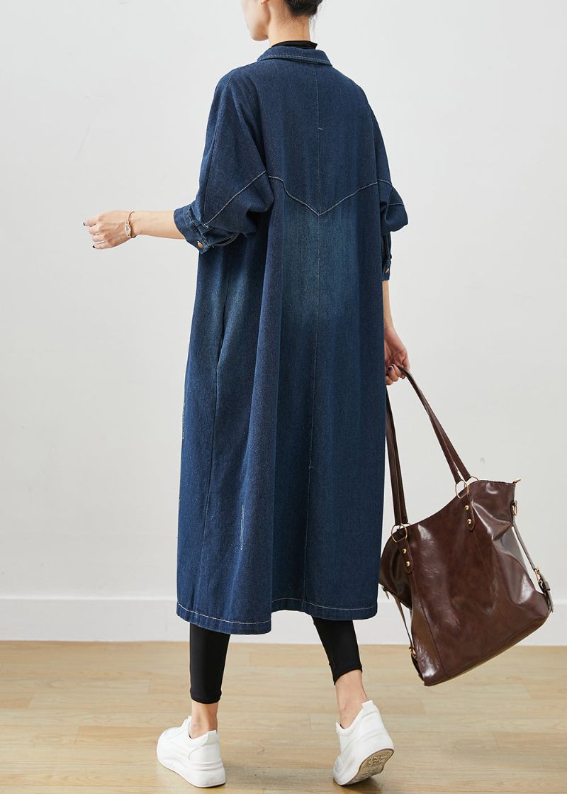 Marineblauwe Denim Trenchcoats Oversized Zakken Herfst - Dames trenchcoats