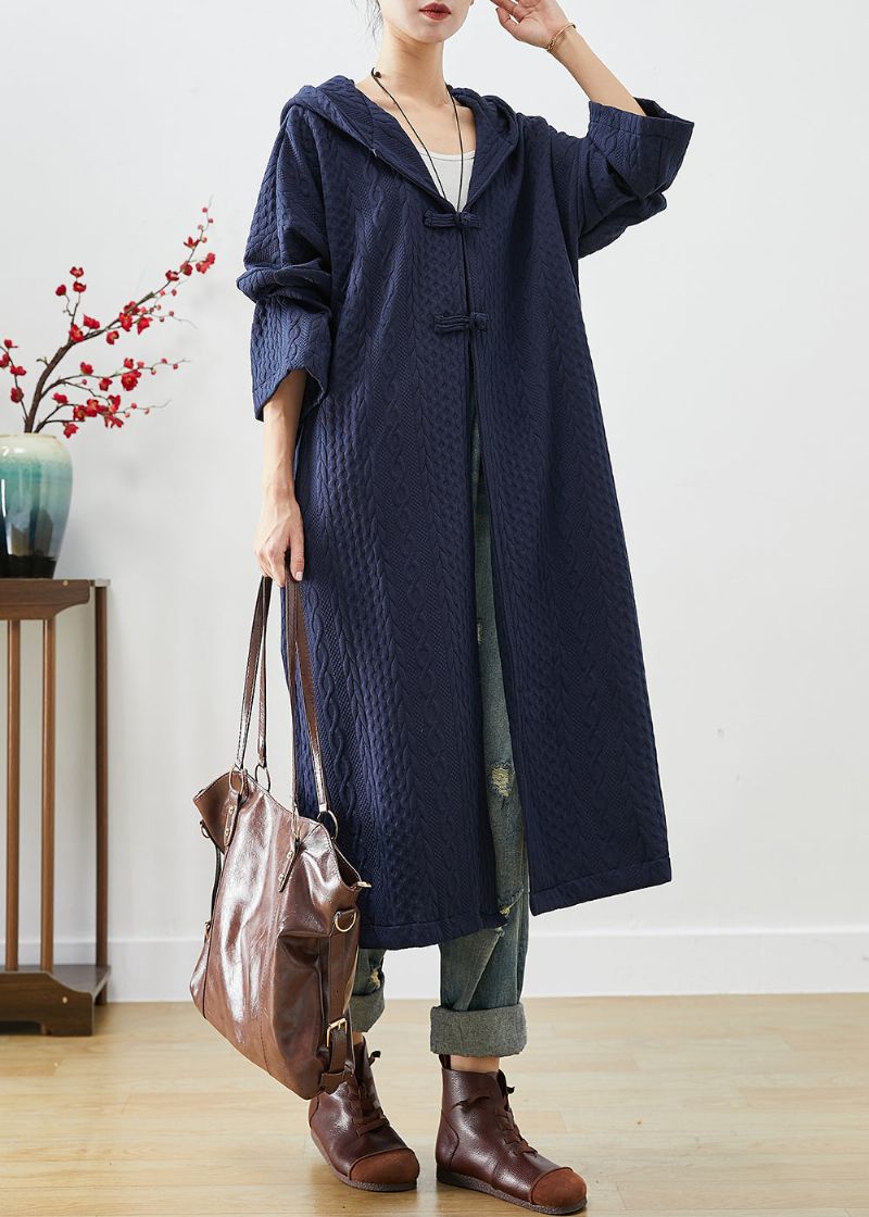 Marineblauwe Katoenen Trenchcoat Oversized Chinese Knopenherfst