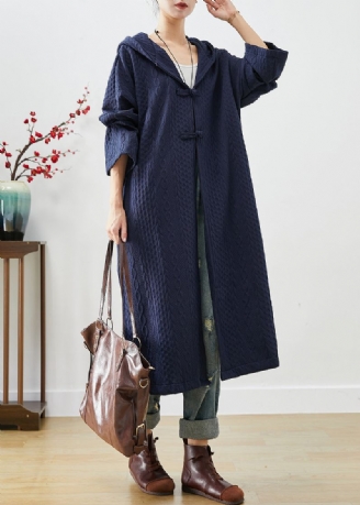 Marineblauwe Katoenen Trenchcoat Oversized Chinese Knopenherfst