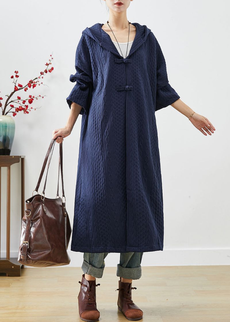 Marineblauwe Katoenen Trenchcoat Oversized Chinese Knopenherfst - Dames trenchcoats