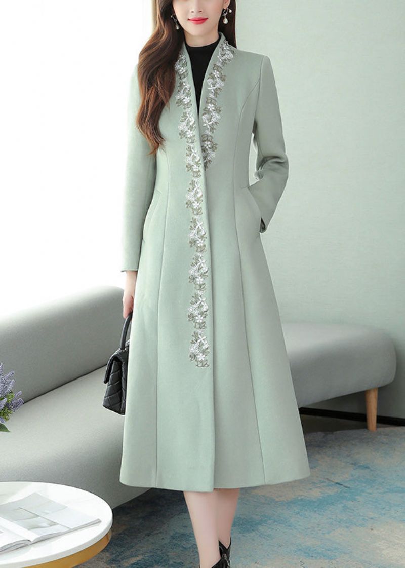 Mintgroene Geborduurde Wollen Maxi-trenchcoat Met Lange Mouwen En Bloemen