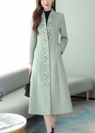 Mintgroene Geborduurde Wollen Maxi-trenchcoat Met Lange Mouwen En Bloemen