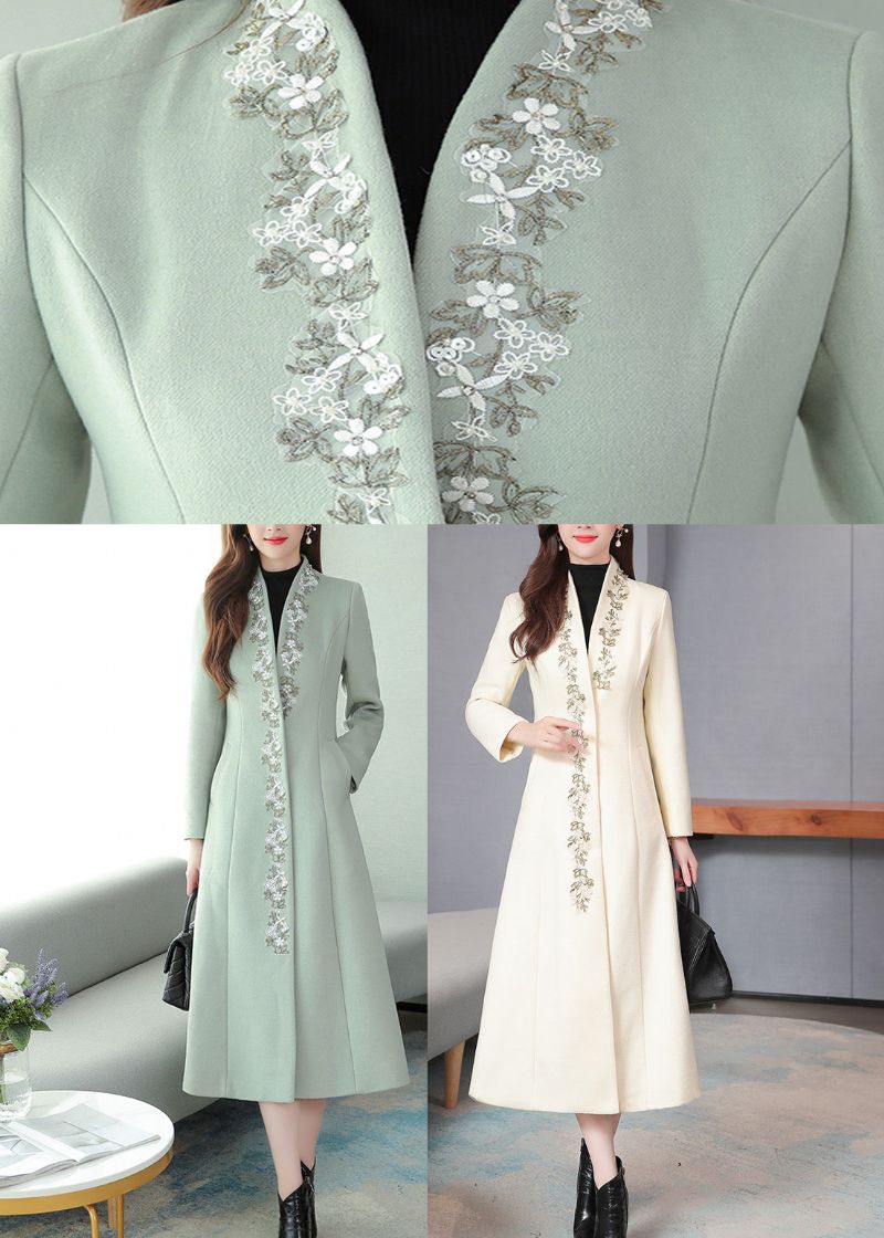 Mintgroene Geborduurde Wollen Maxi-trenchcoat Met Lange Mouwen En Bloemen - Muntgroen