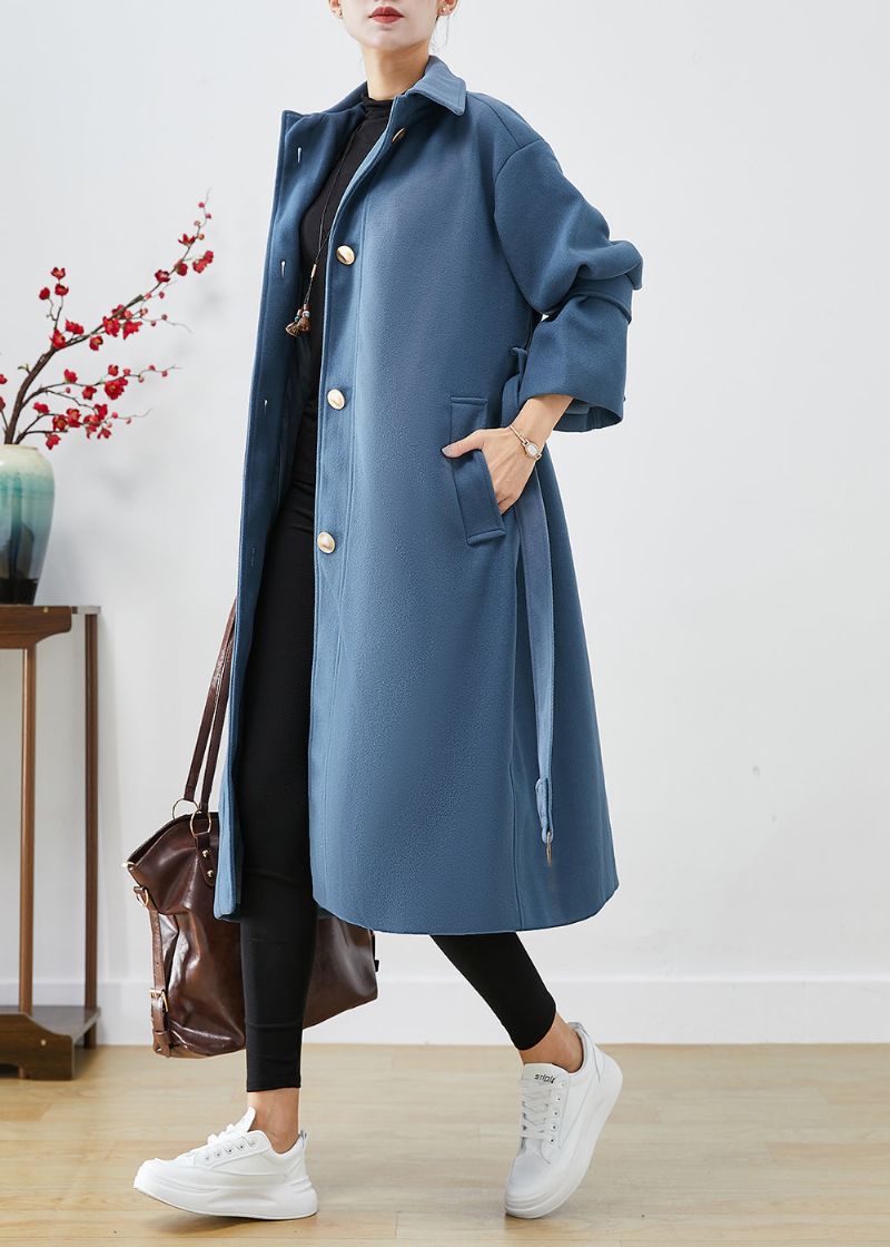 Mode Blauw Grijze Peter Pan Kraag Stropdas Taille Wollen Trenchcoat Herfst