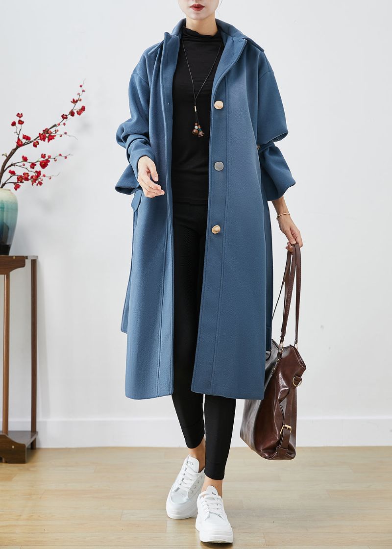 Mode Blauw Grijze Peter Pan Kraag Stropdas Taille Wollen Trenchcoat Herfst - Dames trenchcoats