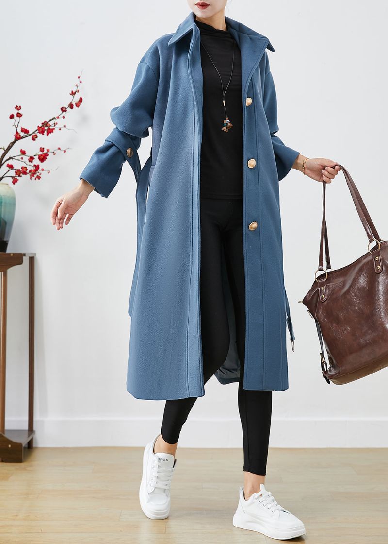 Mode Blauw Grijze Peter Pan Kraag Stropdas Taille Wollen Trenchcoat Herfst - Dames trenchcoats