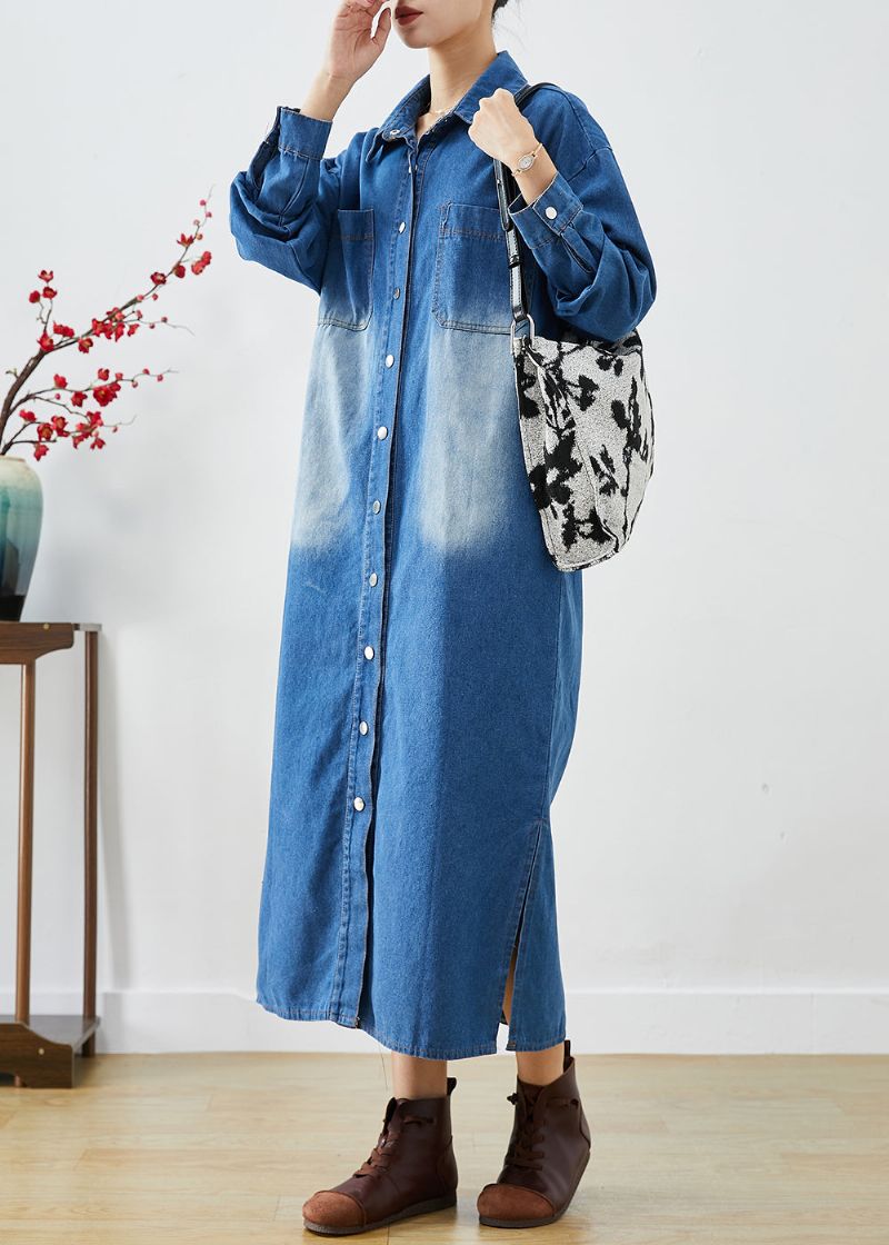 Mode Blauwe Button-down Zijkant Open Denim Trenchcoats Herfst - Dames trenchcoats