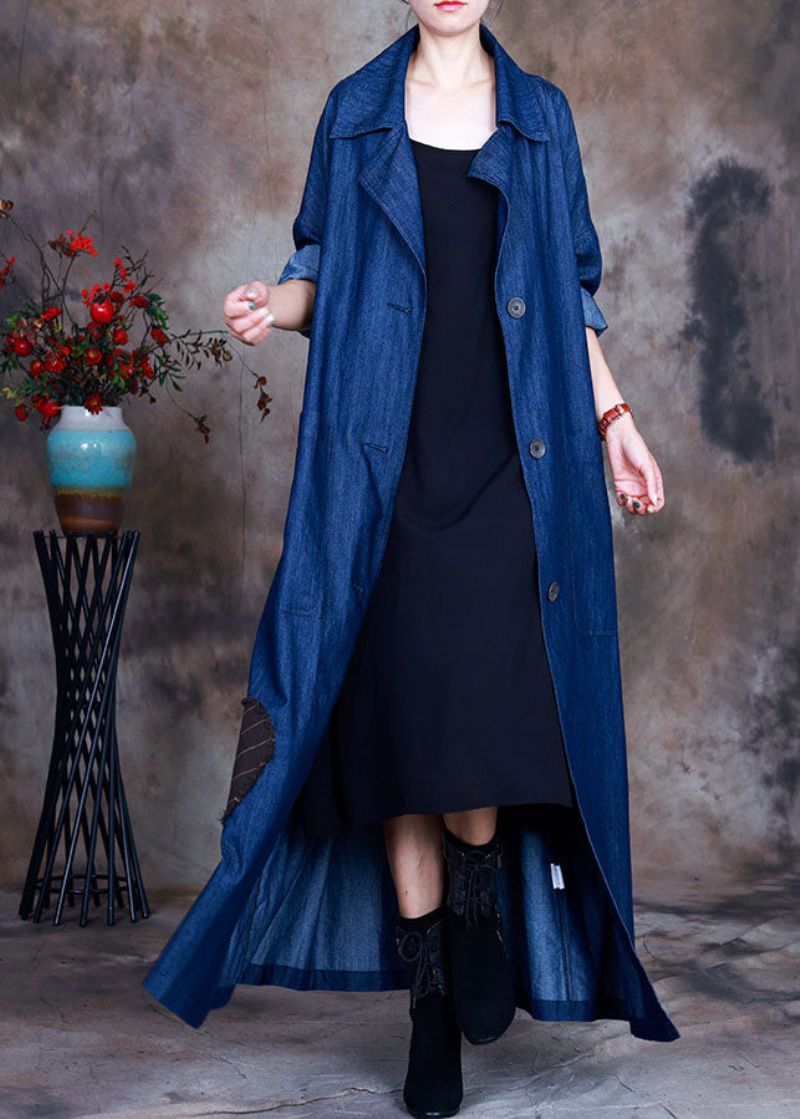 Mode Blauwe Knoopsluiting In De Taille Peter Pan-kraag Katoenen Denim Trenchcoats Lente