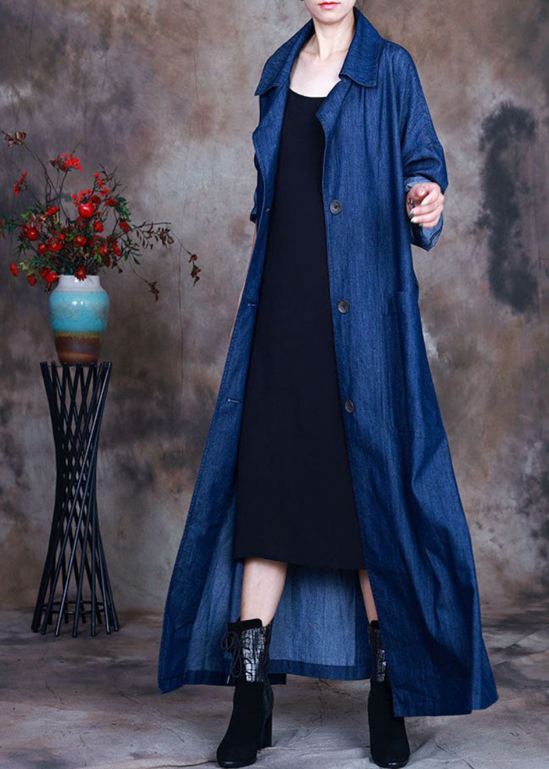 Mode Blauwe Knoopsluiting In De Taille Peter Pan-kraag Katoenen Denim Trenchcoats Lente - Dames trenchcoats