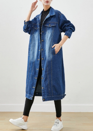 Mode Blauwe Oversized Denim Trenchcoat Met Knoopsluiting Herfst