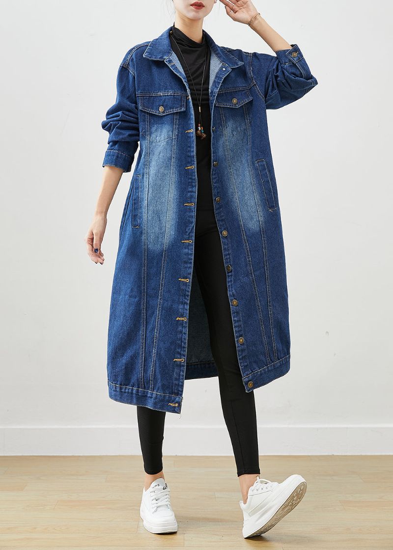 Mode Blauwe Oversized Denim Trenchcoat Met Knoopsluiting Herfst - Dames trenchcoats