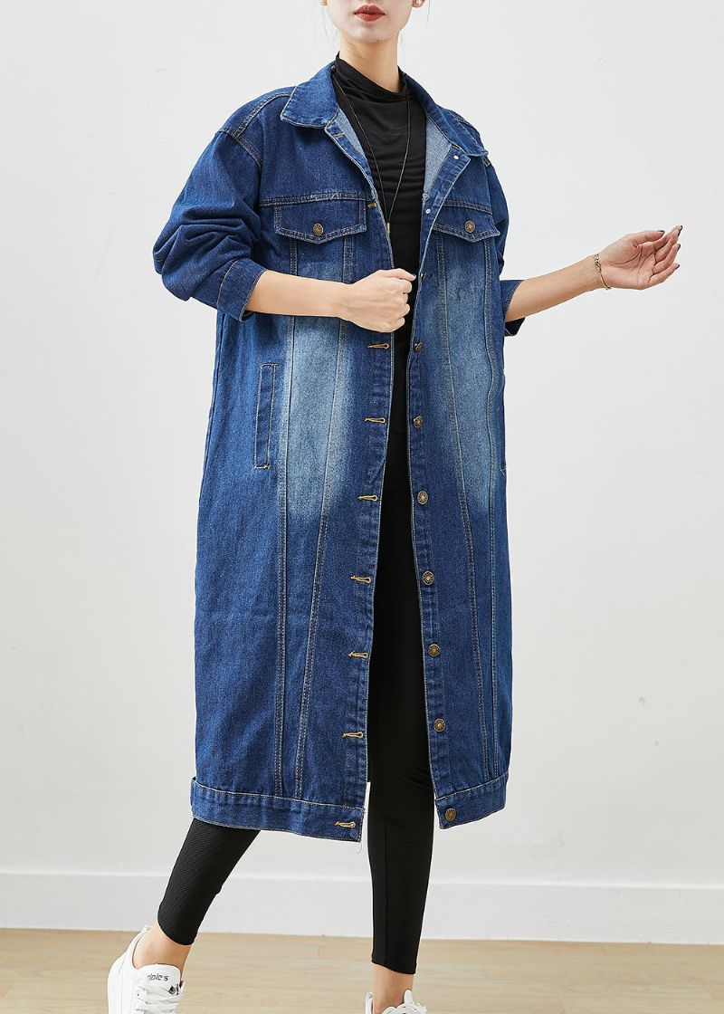 Mode Blauwe Oversized Denim Trenchcoat Met Knoopsluiting Herfst - Dames trenchcoats