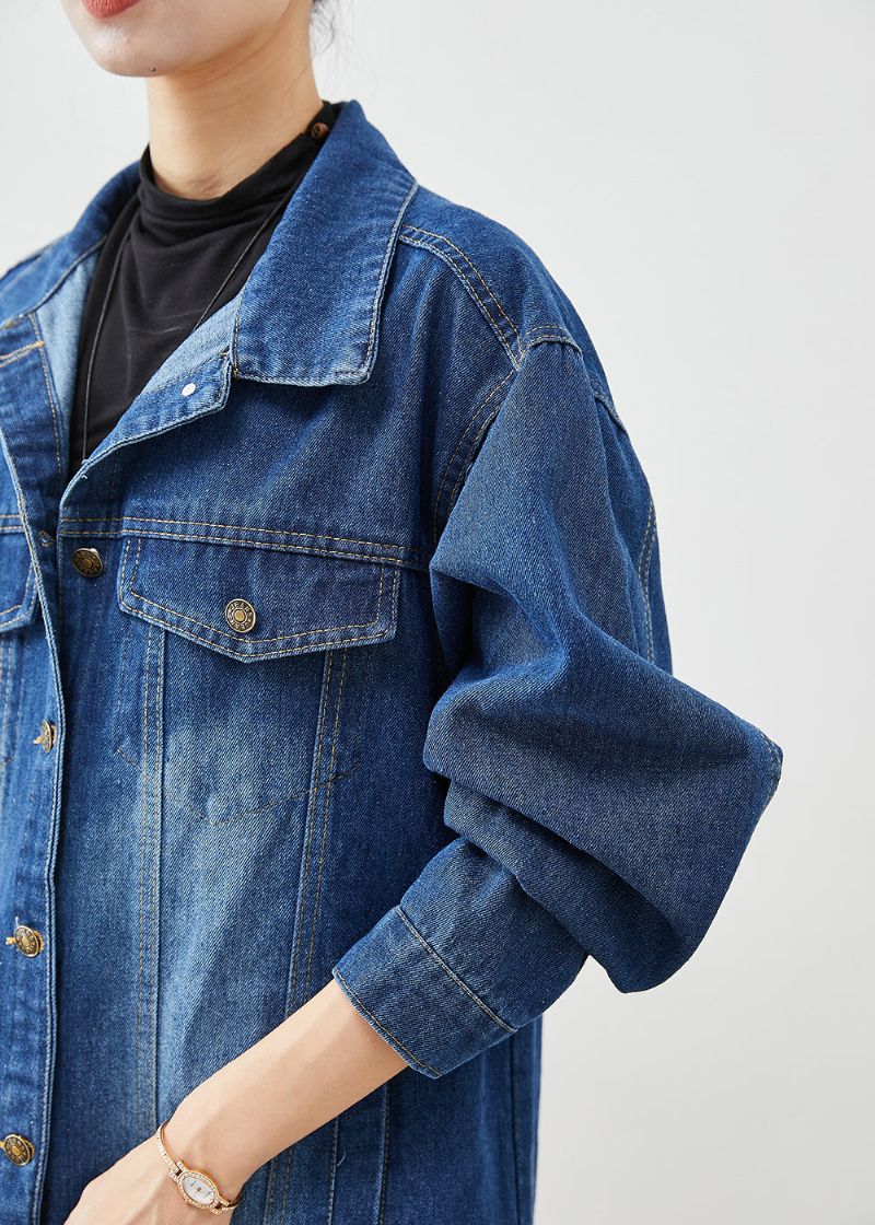 Mode Blauwe Oversized Denim Trenchcoat Met Knoopsluiting Herfst - Dames trenchcoats