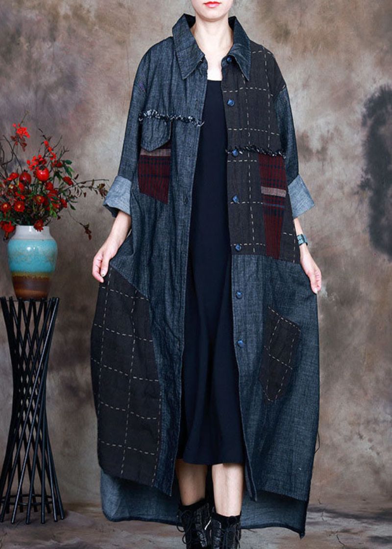 Mode Blauwe Peterpan Kraag Geruite Denim Winterjas Met Patchwork - Dames trenchcoats