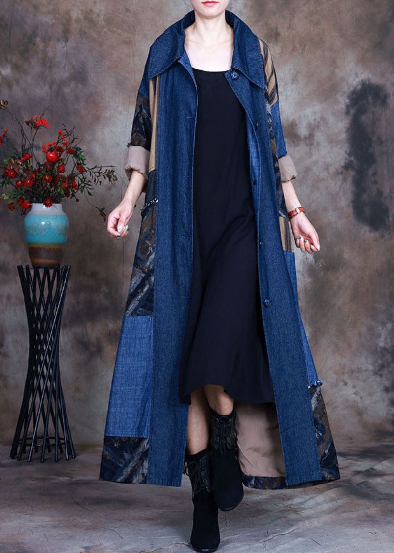 Mode Blauwe Strik In De Taille Peter Pan Kraag Patchwork Katoenen Denim Trench Lente