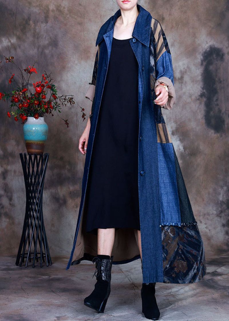 Mode Blauwe Strik In De Taille Peter Pan Kraag Patchwork Katoenen Denim Trench Lente - Dames trenchcoats