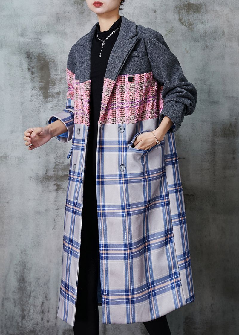 Mode Colorblock Oversized Patchwork Wollen Trench Herfst