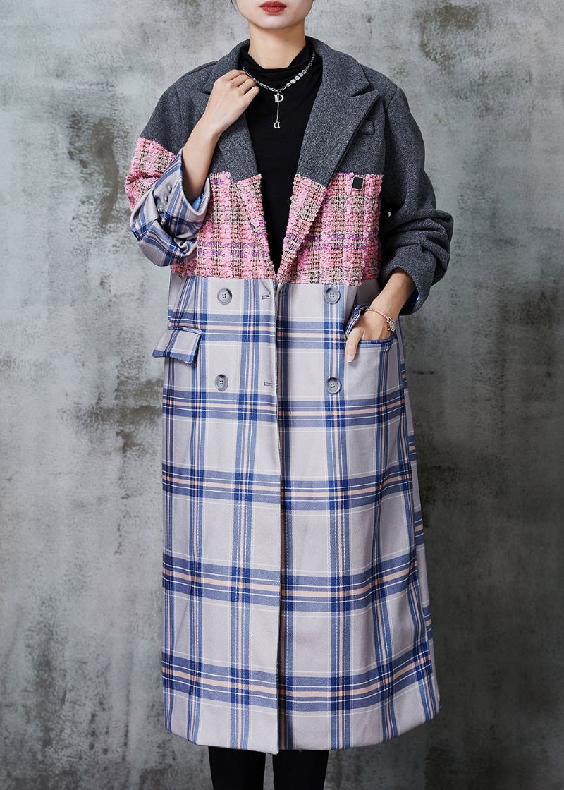 Mode Colorblock Oversized Patchwork Wollen Trench Herfst - Dames trenchcoats