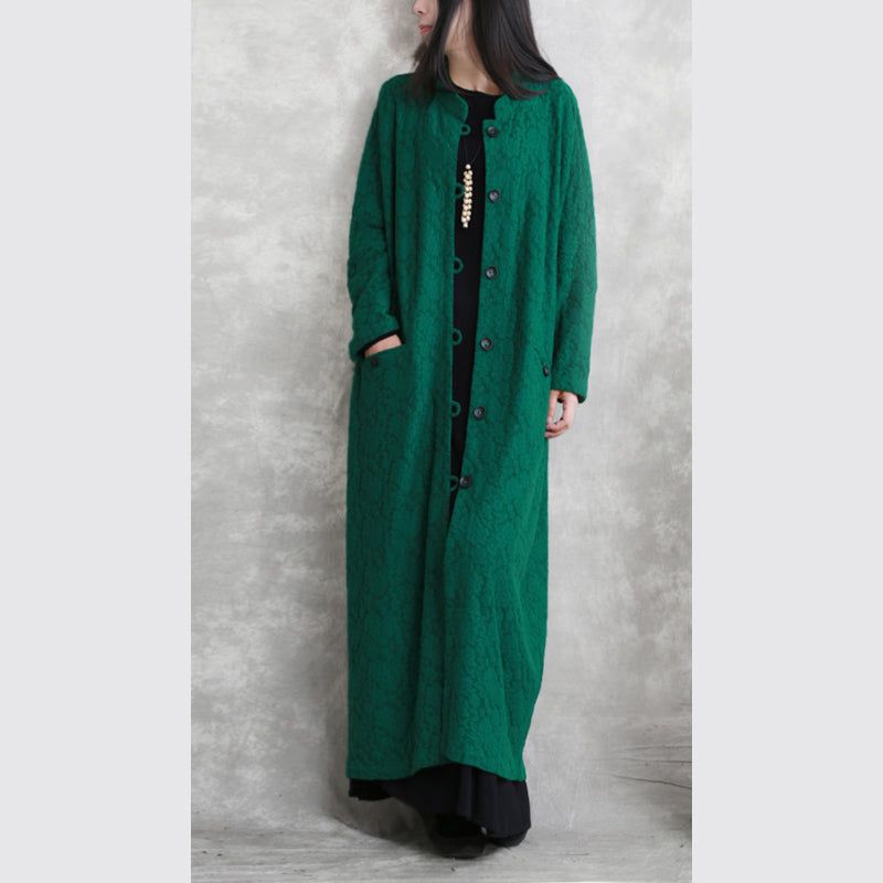 Mode Groene Maxi-jas Casual Opstaande Zakken Katoenlinnen Jas Dames Wijde Jas Met Lange Mouwen - Dames trenchcoats