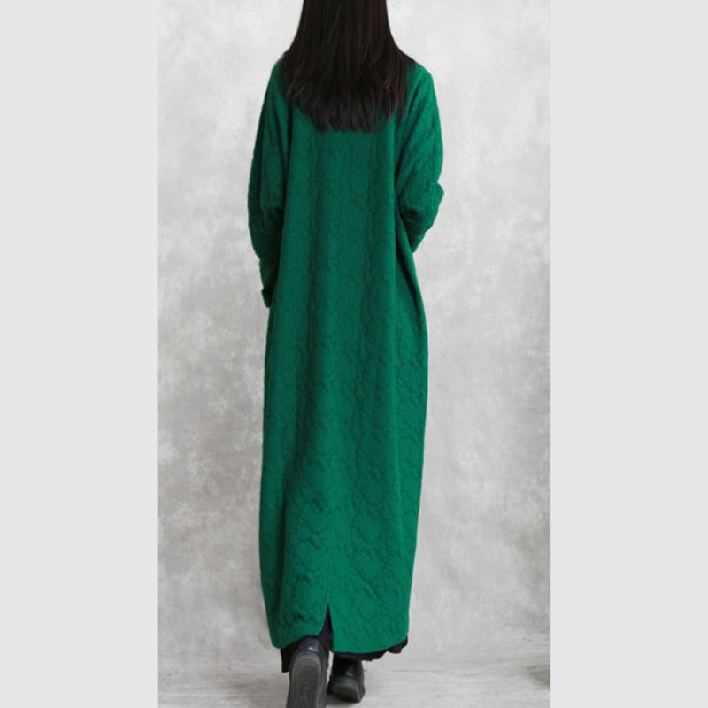 Mode Groene Maxi-jas Casual Opstaande Zakken Katoenlinnen Jas Dames Wijde Jas Met Lange Mouwen - Dames trenchcoats