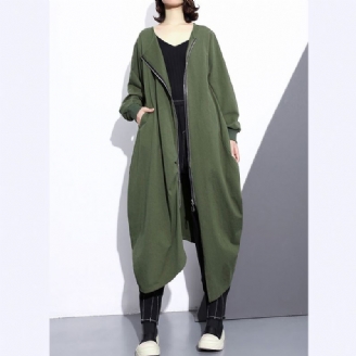 Mode Legergroene Lange Jas Oversized O-hals Asymmetrisch Ontwerp Uitloper Jassen Met Ritssluiting