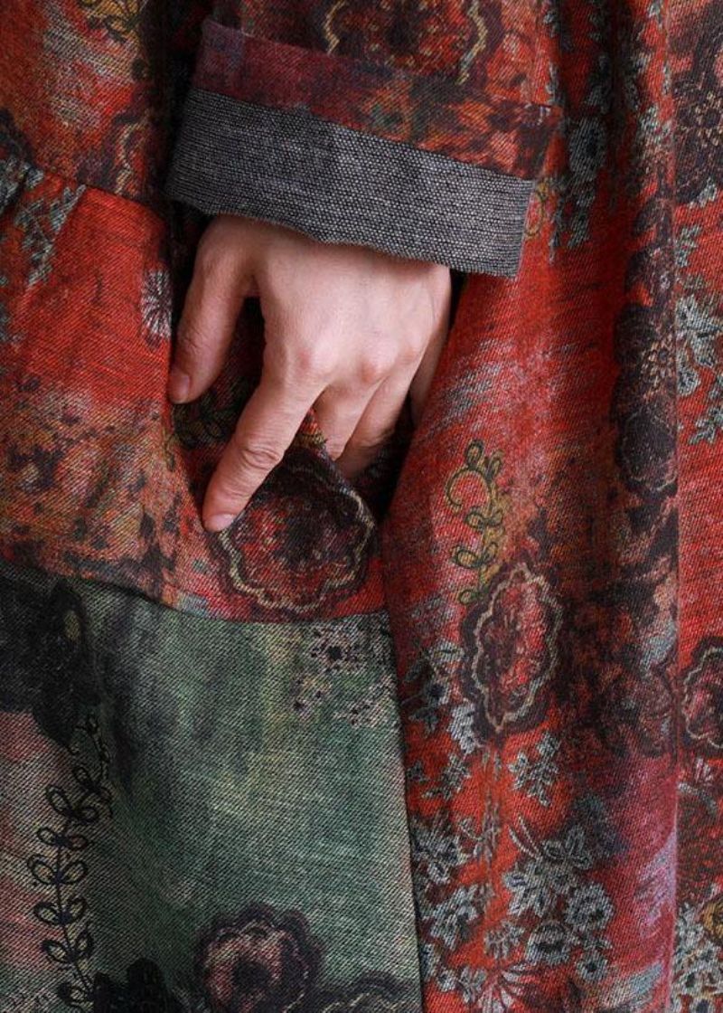 Mode Losse Herfstrode Patchwork Jas Met Zakken Met Groene Print Voor Dames - Dames trenchcoats