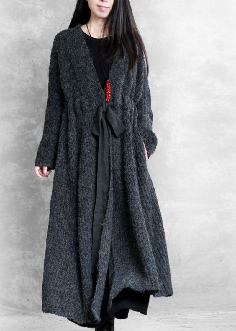 Mode Oversized Lange Winterjas Donkergrijze Wollen Jas Met V-hals En Trekkoord Voor Dames