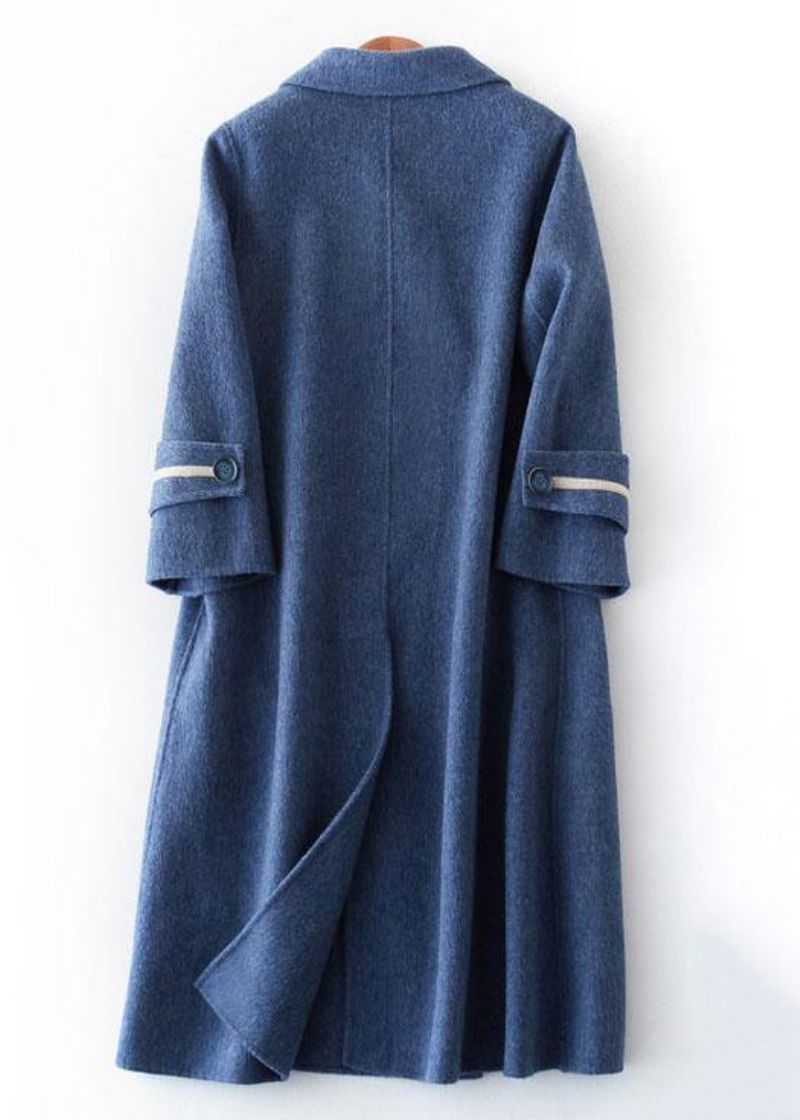 Mode Oversized Lange Winterjas Met Dubbele Borst Uitloper Denimblauw Notched Wool-jassen - Dames trenchcoats