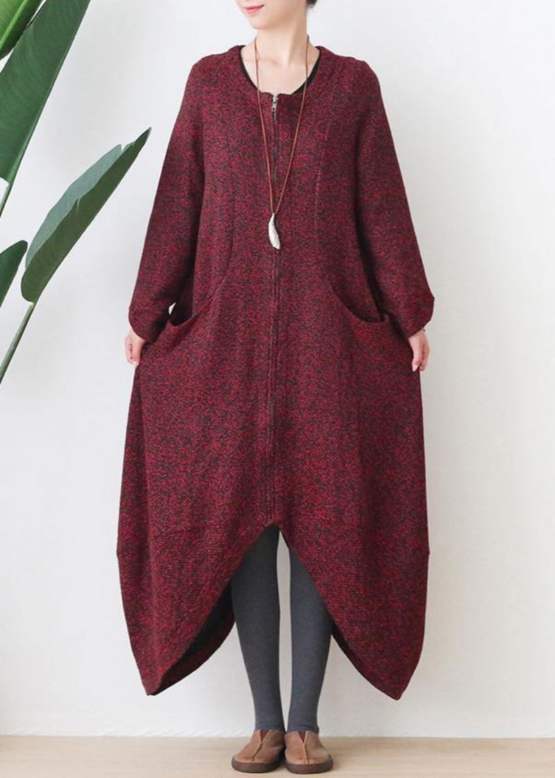 Mode Oversized Middellange Jas Winterjassen Rode V-hals Asymmetrische Wollen Jassen