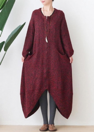 Mode Oversized Middellange Jas Winterjassen Rode V-hals Asymmetrische Wollen Jassen