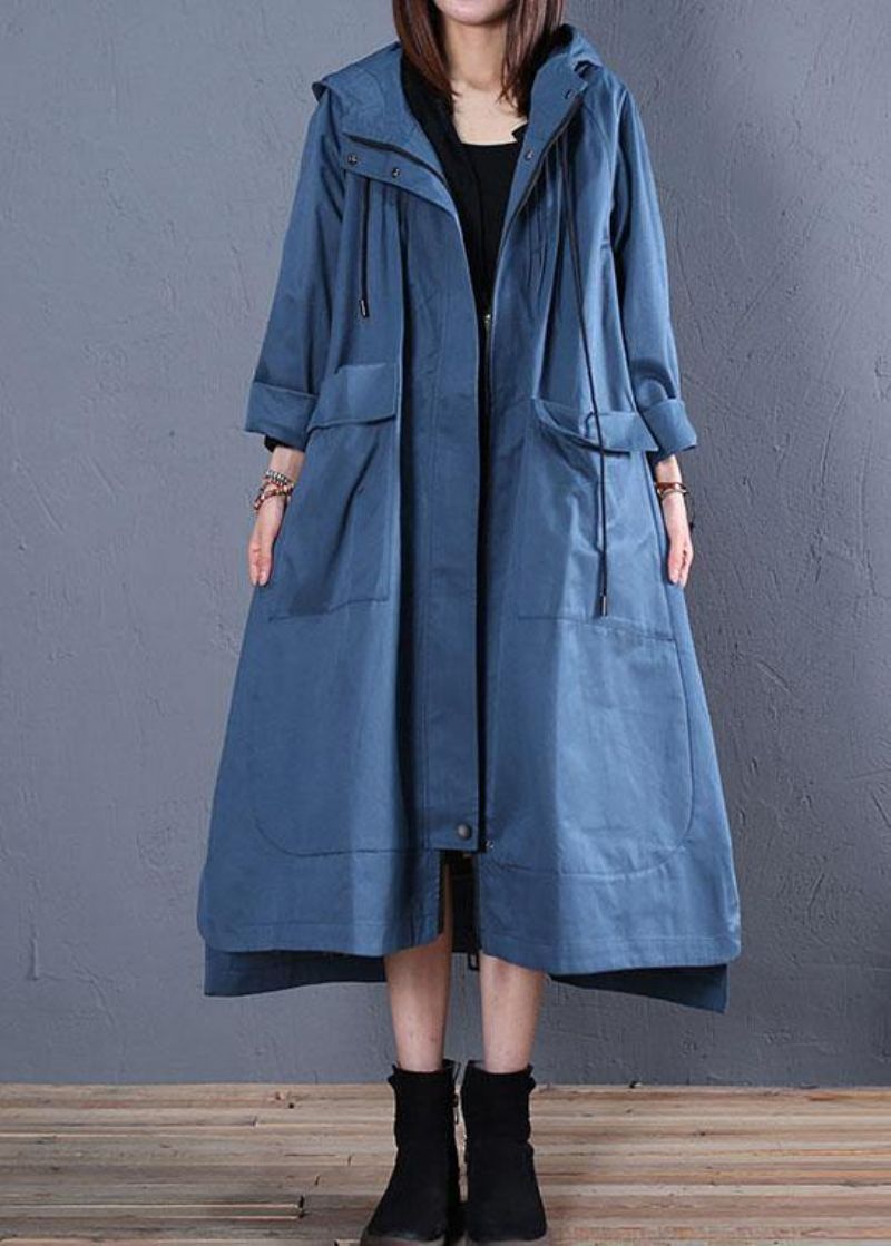 Mode Plus Size Herfstblauwe Jassen Met Capuchon Laag Hoog Design Overjas - Dames trenchcoats