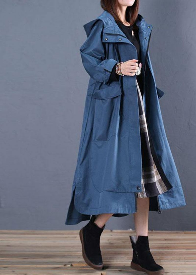 Mode Plus Size Herfstblauwe Jassen Met Capuchon Laag Hoog Design Overjas - Dames trenchcoats