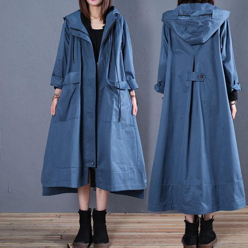 Mode Plus Size Herfstblauwe Jassen Met Capuchon Laag Hoog Design Overjas - Dames trenchcoats