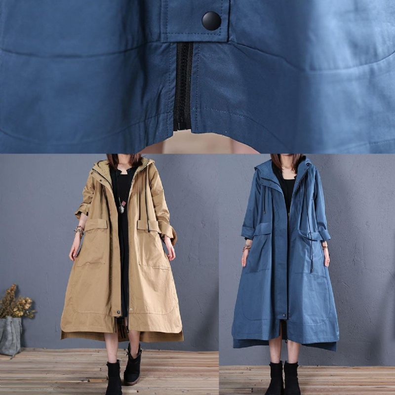 Mode Plus Size Herfstblauwe Jassen Met Capuchon Laag Hoog Design Overjas - Dames trenchcoats